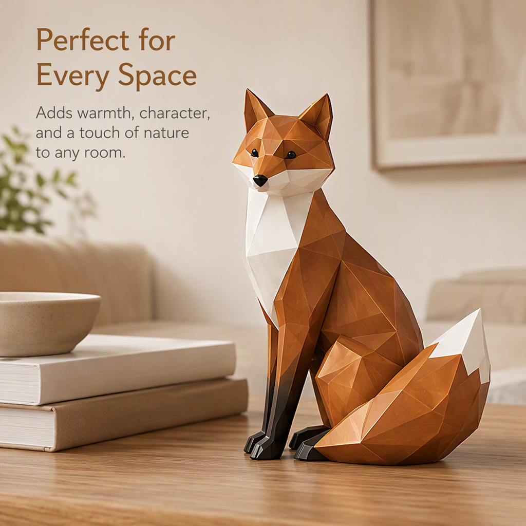 Four views of the orange and white geometric fox sculpture showing its front, sides and back