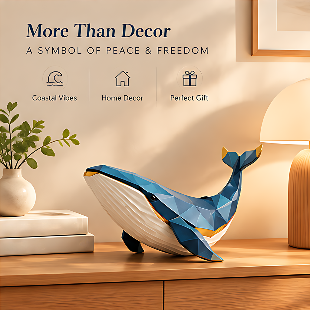 Whale sculpture displayed beside a lamp and greenery with text describing coastal decor, gifting and peace and freedom symbolism