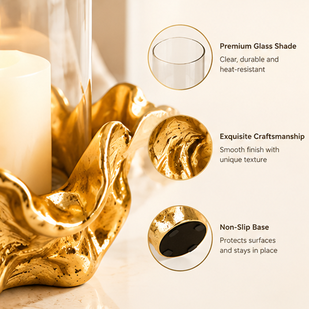 Gold-tone flower candle holder displayed on a wooden table with text suggesting centerpiece or cozy accent styling