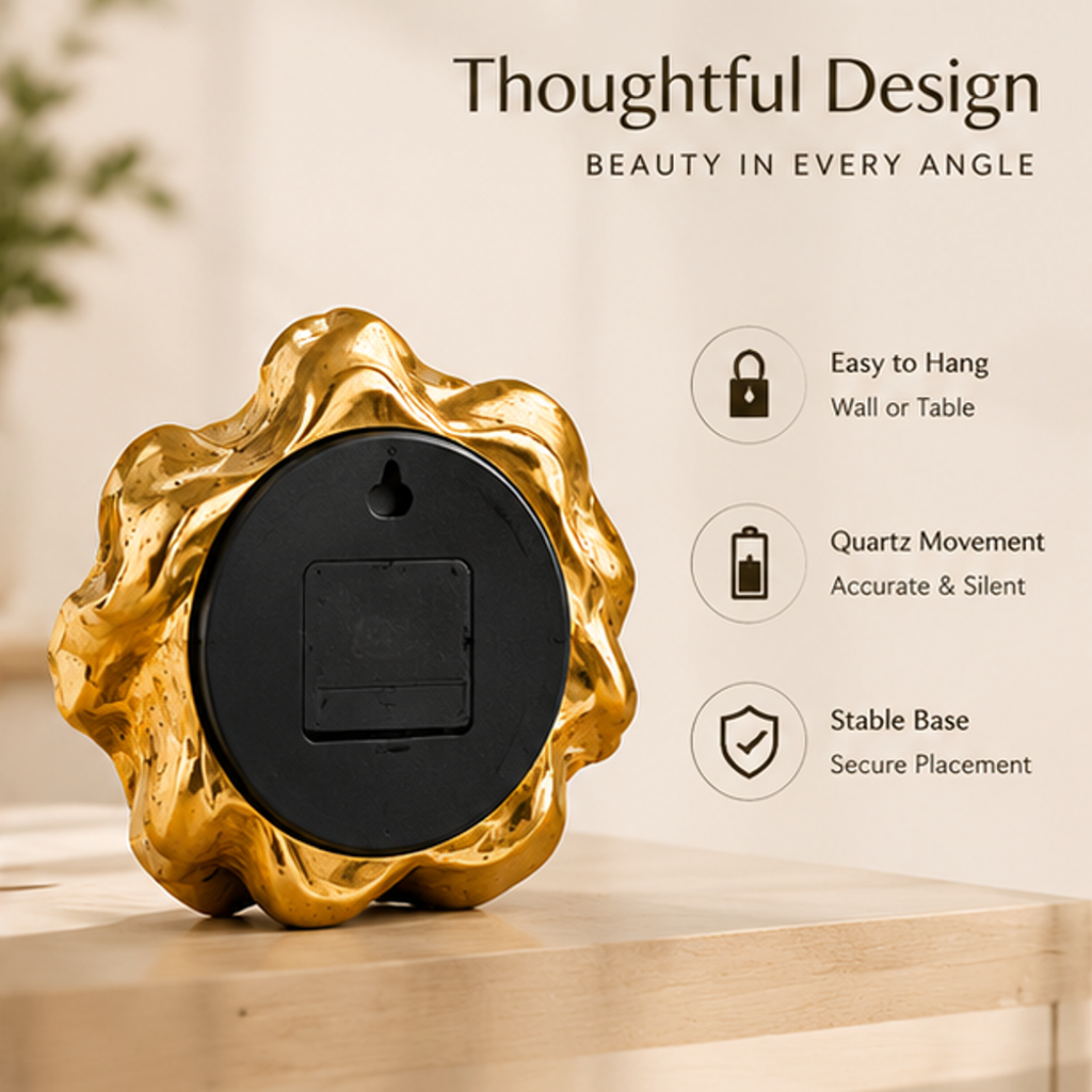 Gold-tone flower clock styled beside books and greenery with home decor and gift choice text