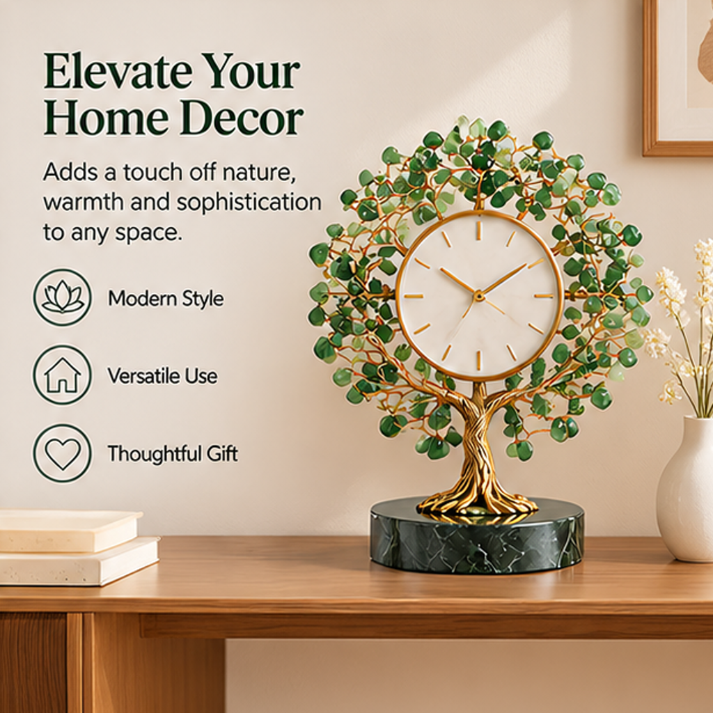 Round-canopy tree clock styled beside books and a vase with home decor and thoughtful gift text