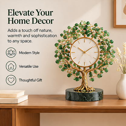 Round-canopy tree clock styled beside books and a vase with home decor and thoughtful gift text