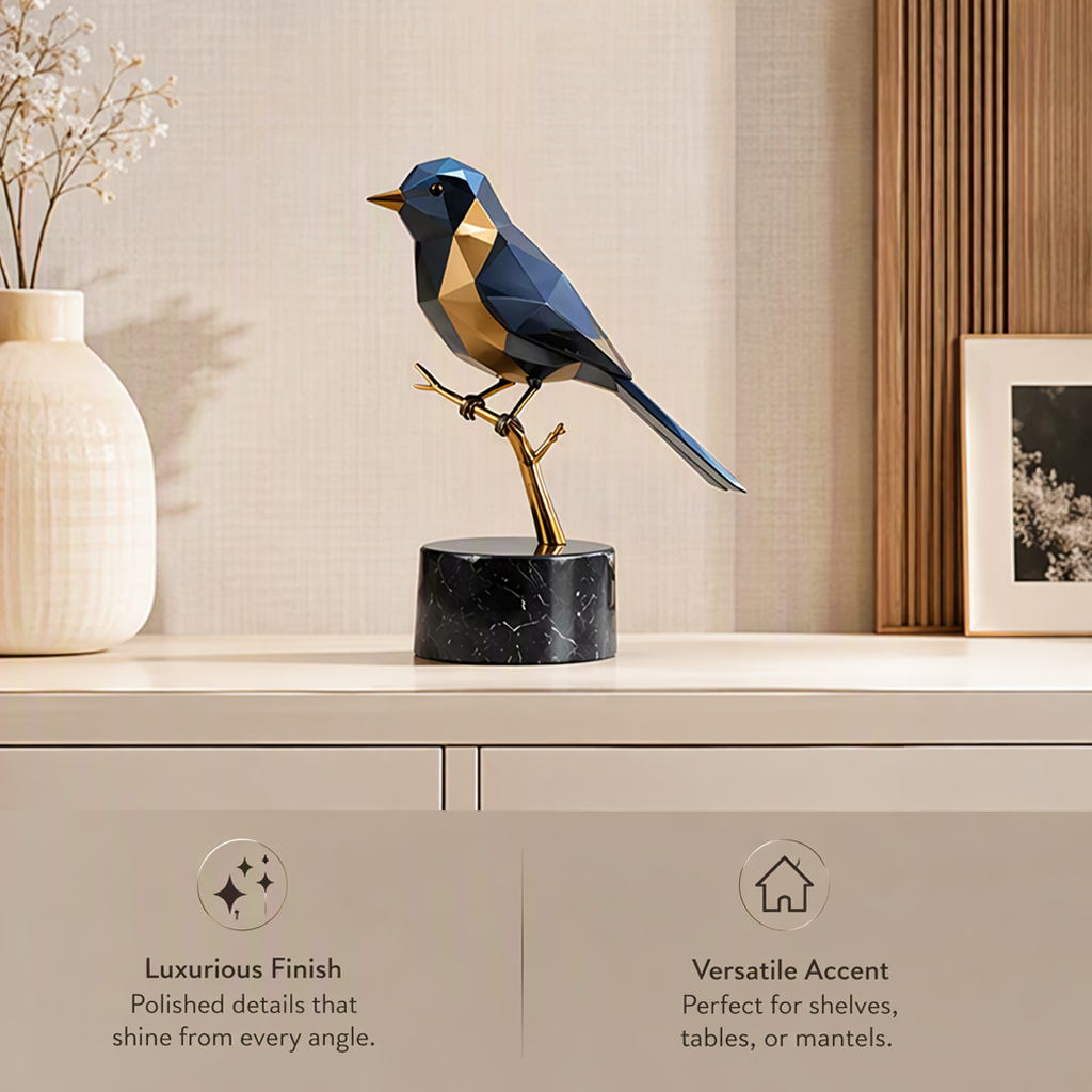 Close view of the faceted blue bird, gold-tone breast and branch, and black veined base