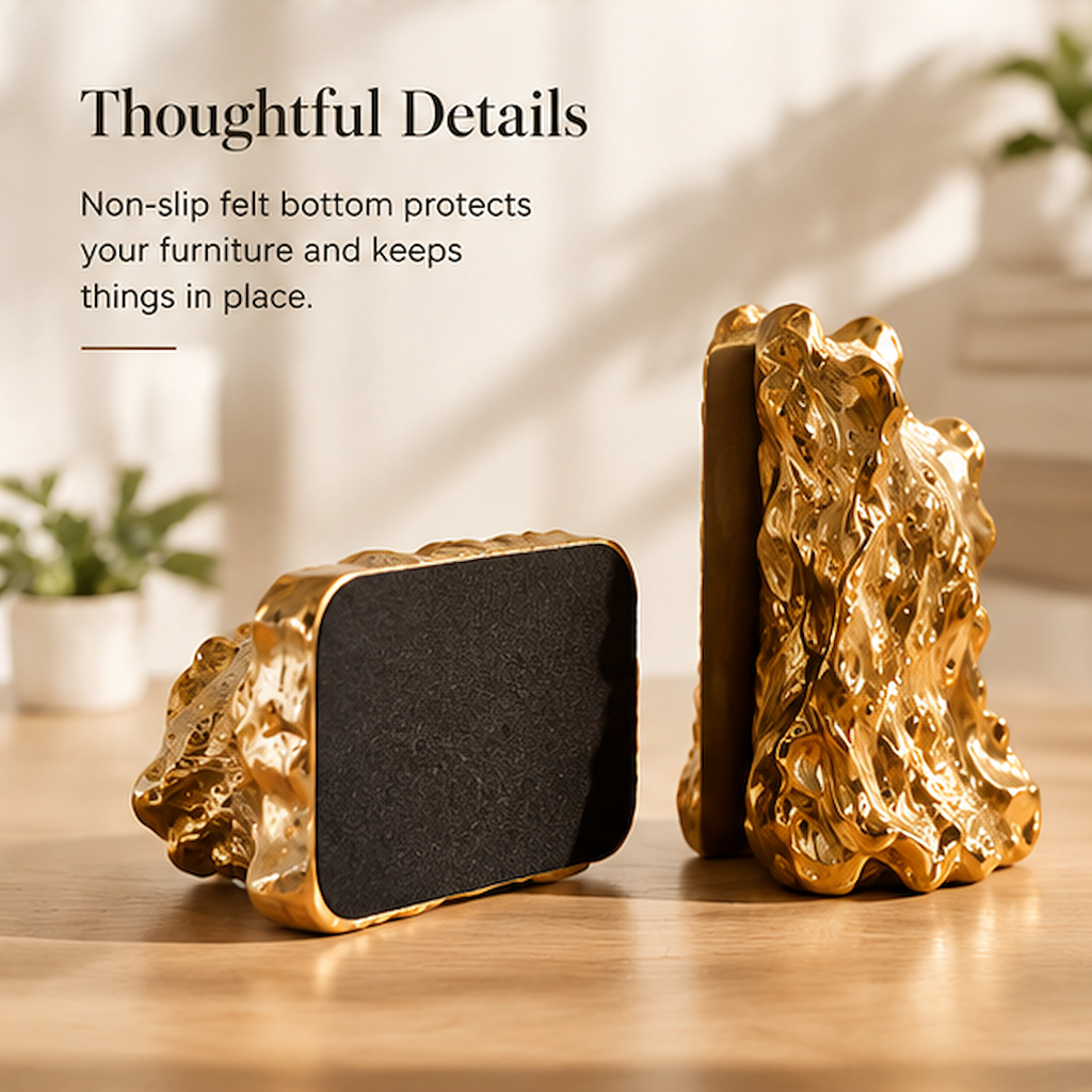 Bookend underside showing a black felt bottom beside an upright gold-tone sculptural bookend