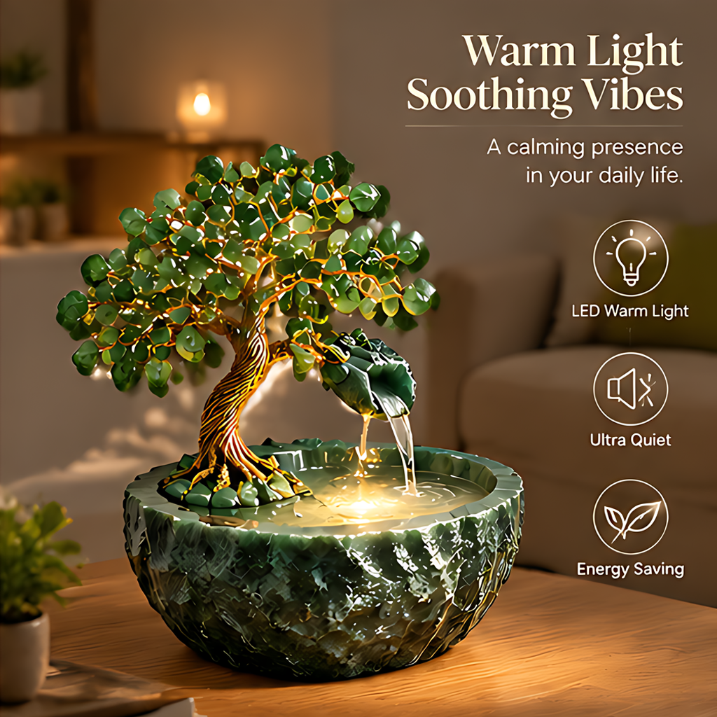 Jade tree tabletop fountain displayed in a softly lit room showing its warm LED illumination