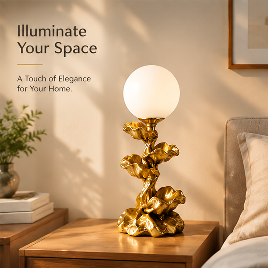 Floral stem globe table lamp styled on a bedside table with home lighting text