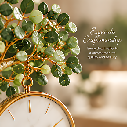 Tree clock detail graphic describing jade-like leaf stones, textured trunk, quiet movement and marble base