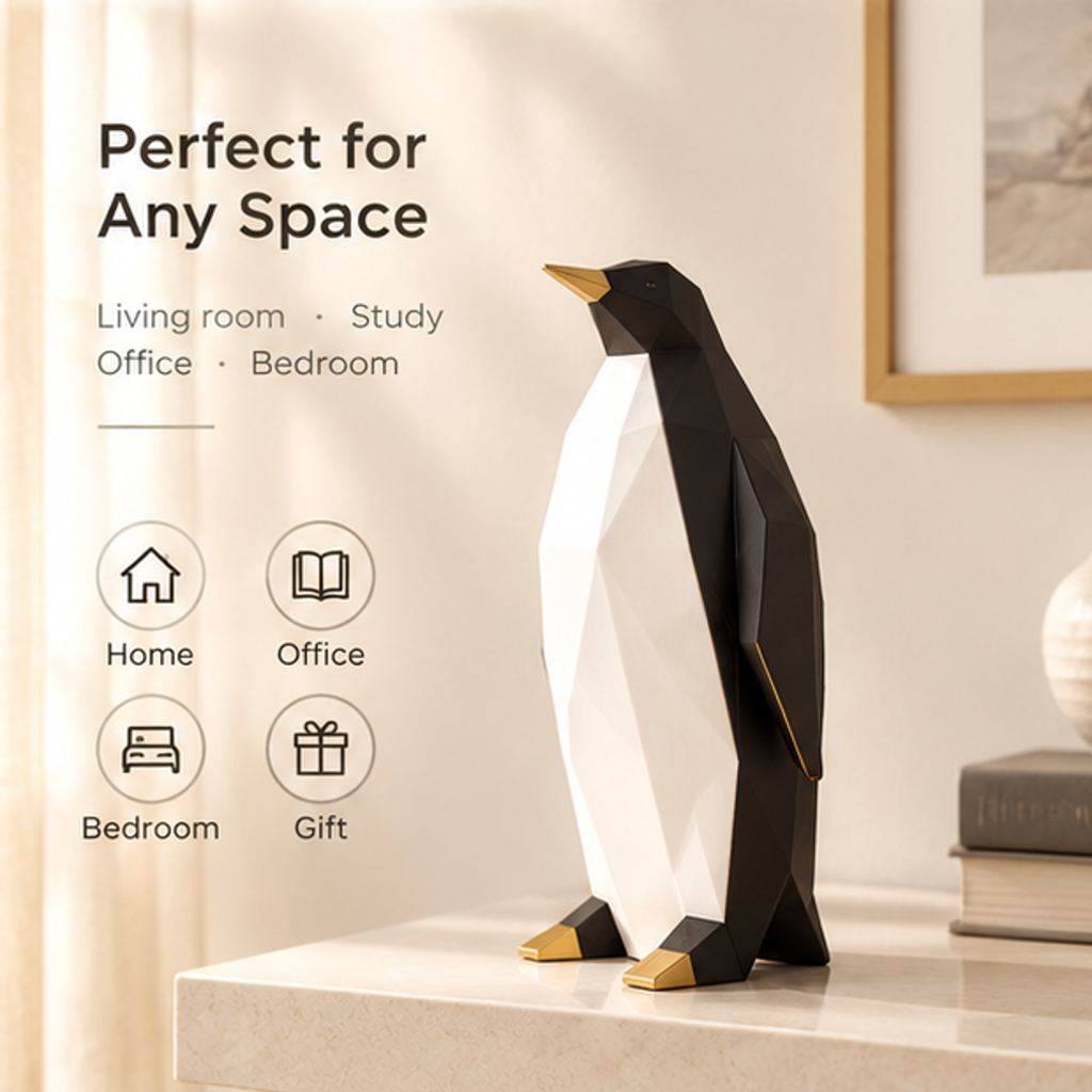 Penguin sculpture on a tabletop with text suggesting living room, study, office, bedroom and gifting uses