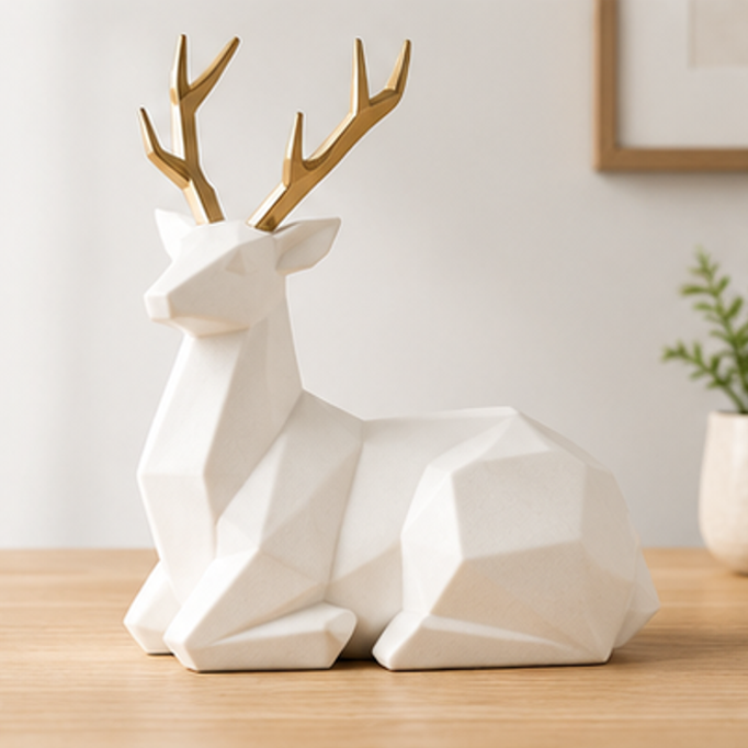 White geometric reclining deer sculpture with gold-tone antlers on a wooden tabletop