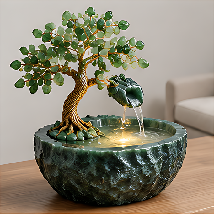 Green jade tree tabletop fountain with a gold-tone trunk, flowing water and warm light in a dark green textured bowl