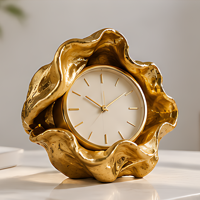 Gold-tone sculptural flower clock with a light round dial and gold-tone hands on a tabletop