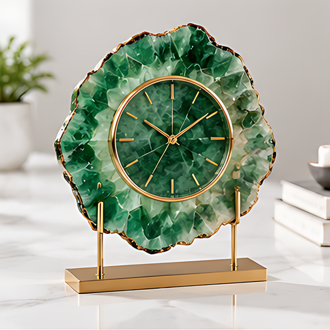 Green agate-look tabletop clock with gold-tone hands, hour markers and a rectangular gold-tone stand