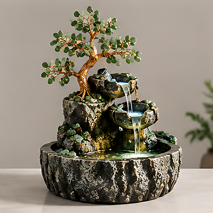 Tree design tabletop fountain with green leaves, gold-tone trunk and two cascading bowls above a dark textured basin