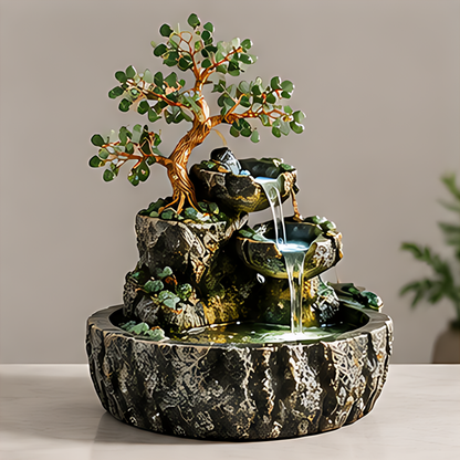 Tree design tabletop fountain with green leaves, gold-tone trunk and two cascading bowls above a dark textured basin